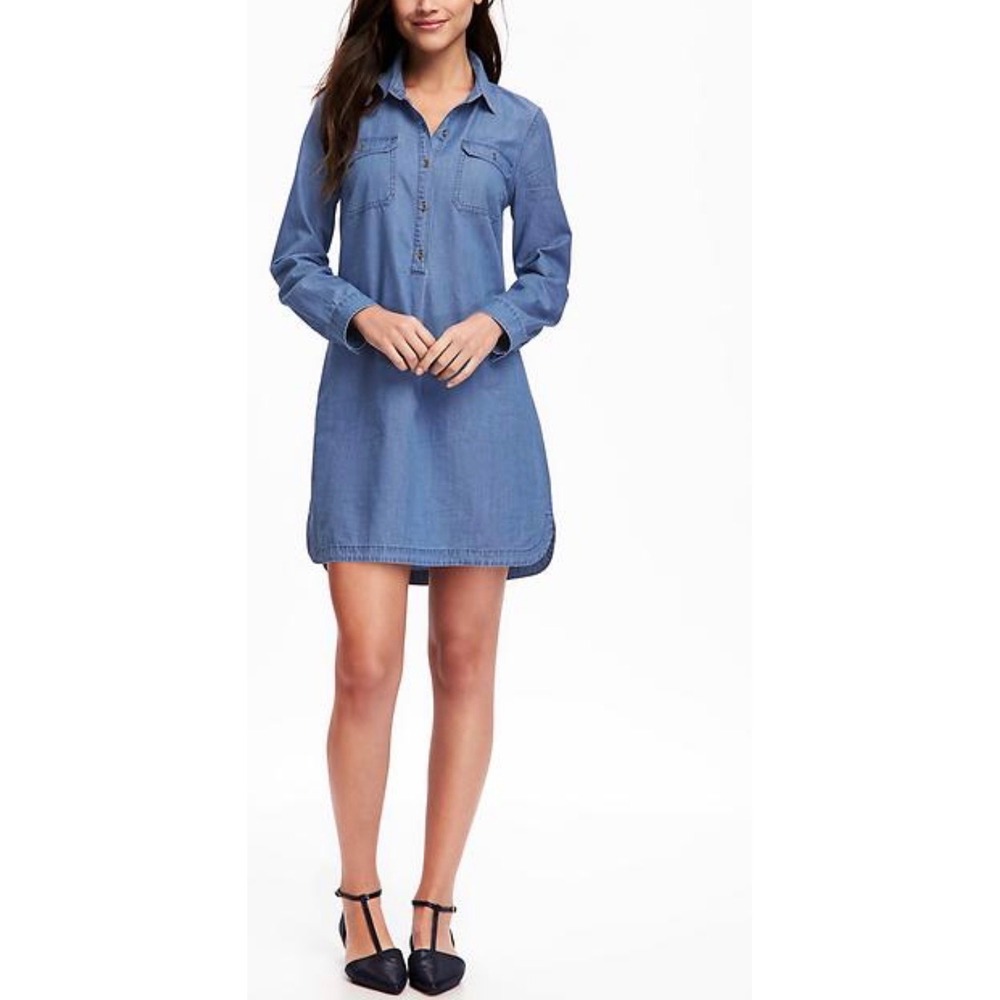 Old Navy Sz M Denim Long Sleeve Collar Button Dress Pockets Streetwear Minimal